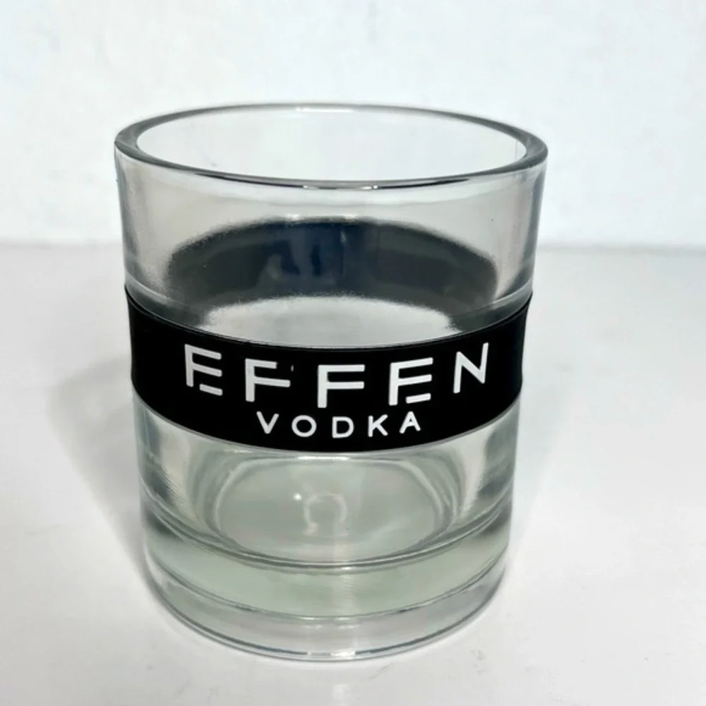 Vintage Effen Vodka Lowball Glass Black Rubber Band  On the Rocks 8 oz